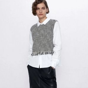 ZARA Black and White Long Sleeve Woven Fringe Collar Blouse